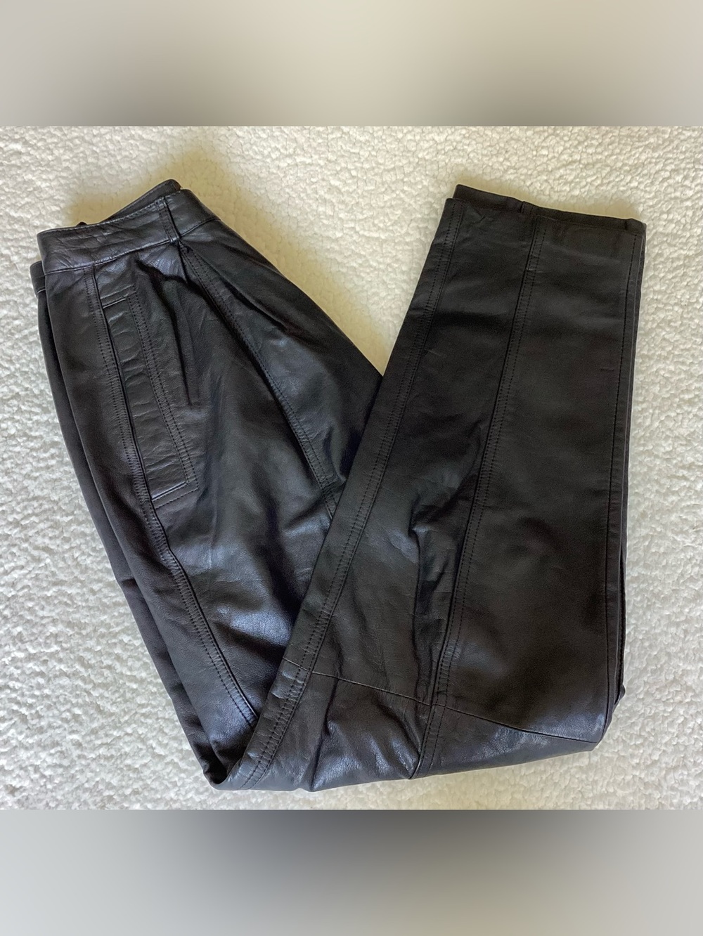 NWT Vintage Black Genuine Leather Pants Pleated Straight Leg Size 6 80’s Edgy